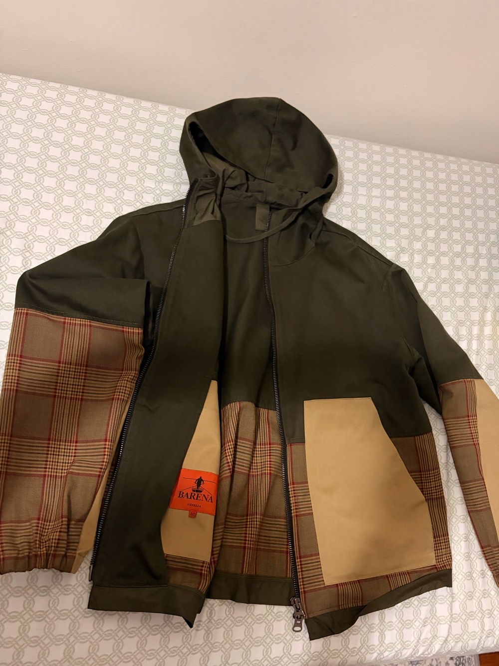 Barena Venezia Olive and Tan Hooded Shirt Jacket with Plaid Panels